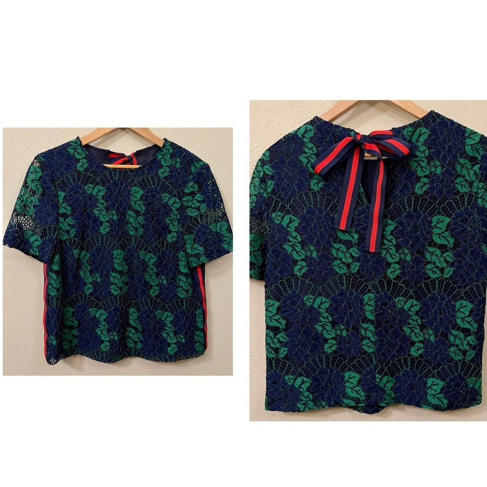 Ted Baker‎ London Thalia Lace Top Blue Green Red Ribbon Tie Back Elegant Sz 3 /S